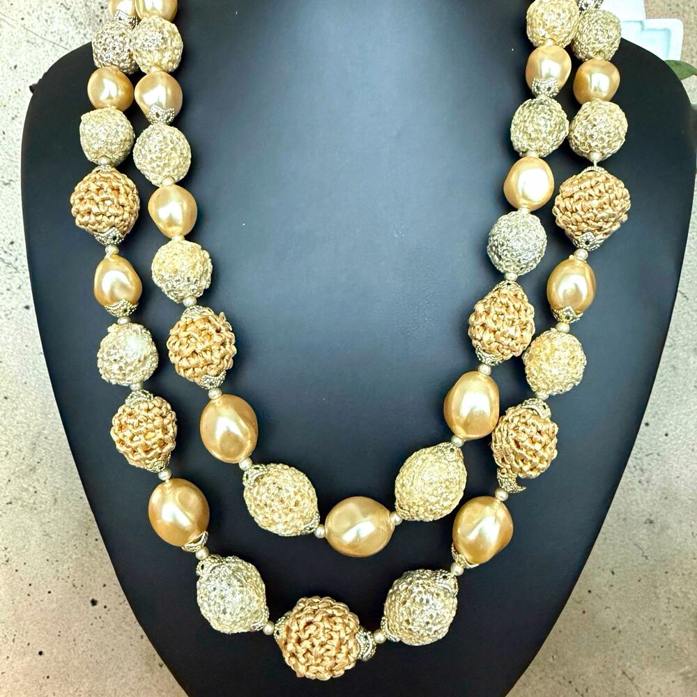 Vtg Japan Faux Pearl Multi Strand Necklace Woven Crochet Beaded